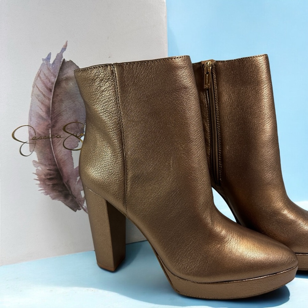 NEW sz11 Jessica Simpson Selmie Bronze Leather Platform Block Heel Ankle Boot